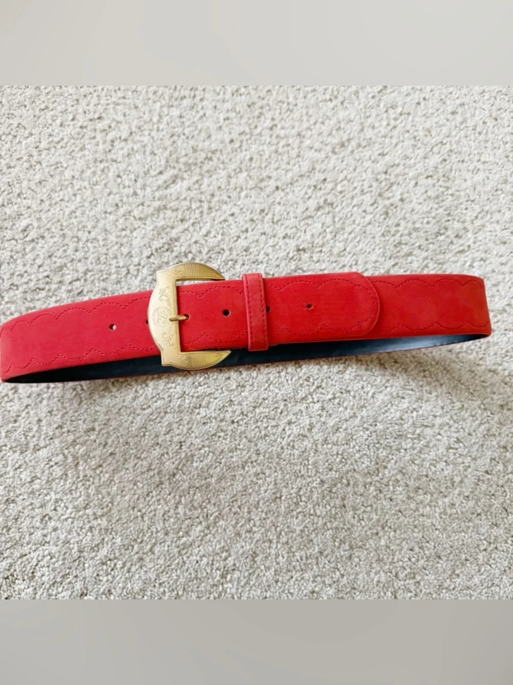 ECHO Burnt Red Suede Leather Belt Sz L Statement Classic Gold Western Career